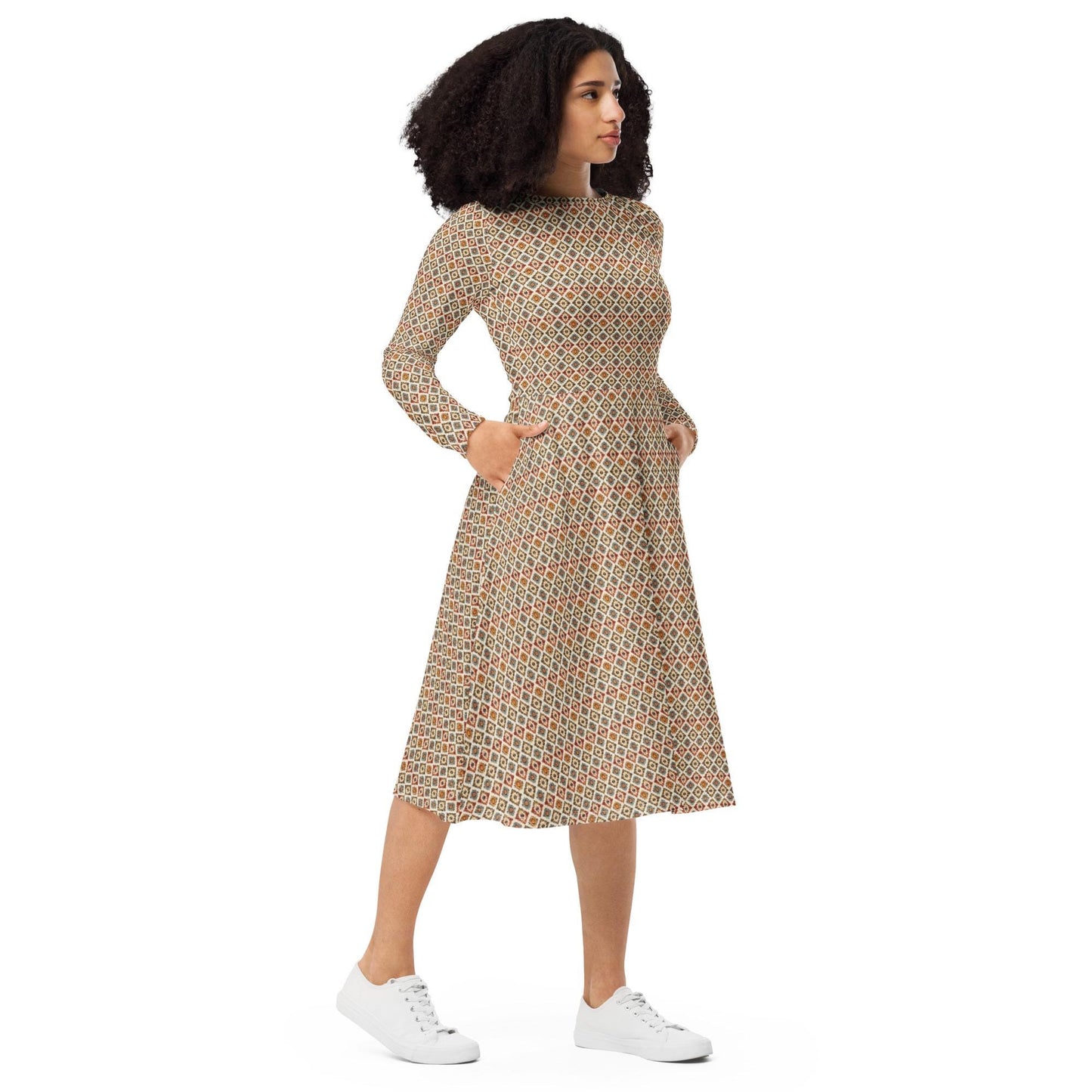 All-over print long sleeve midi dress, tribal all over print pattern design casual date entrepreneur female clothing wear mid length dress