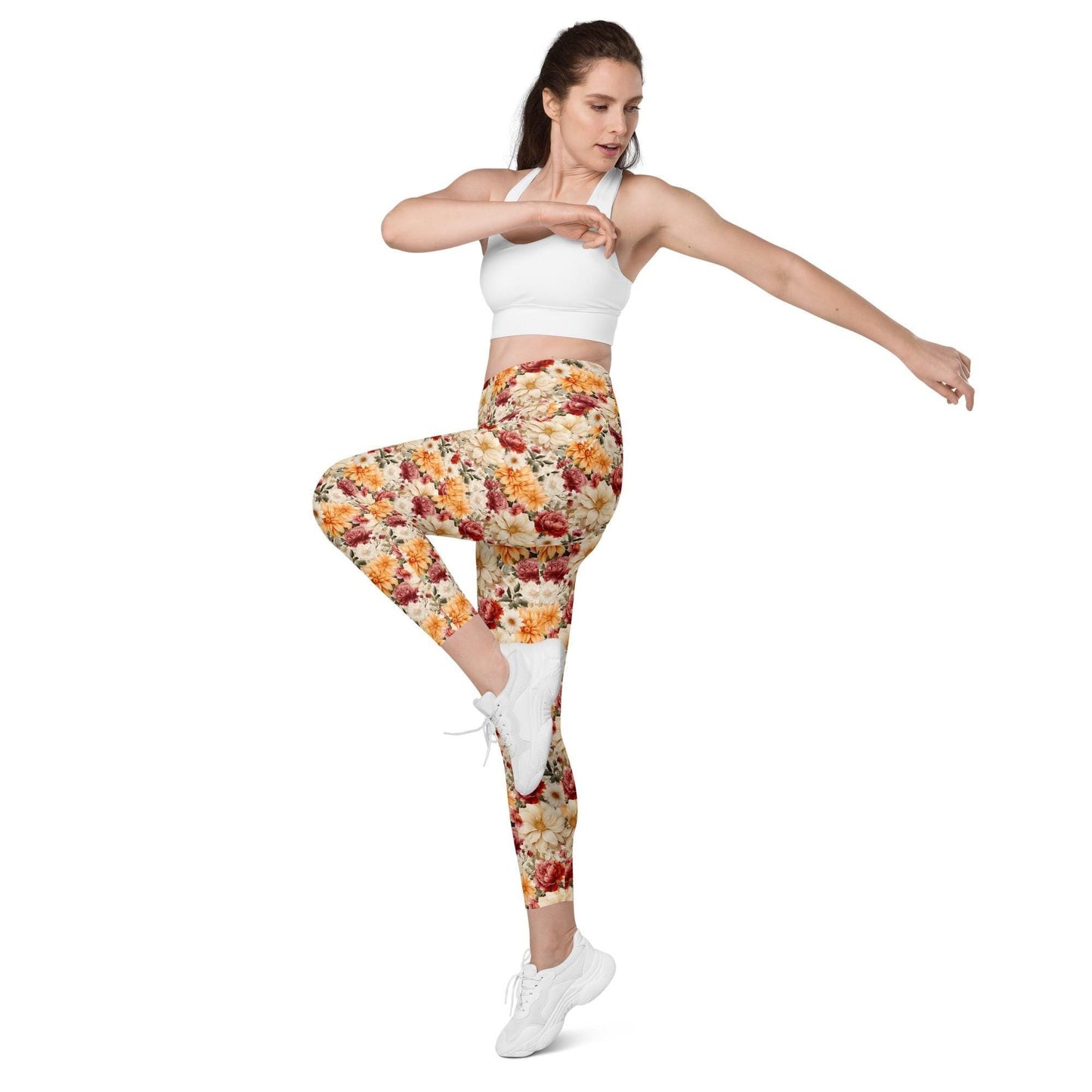 Leggings with pockets, Floral all over print pretty pattern design yoga workout walking all activity casual dress up clothing fitting pants