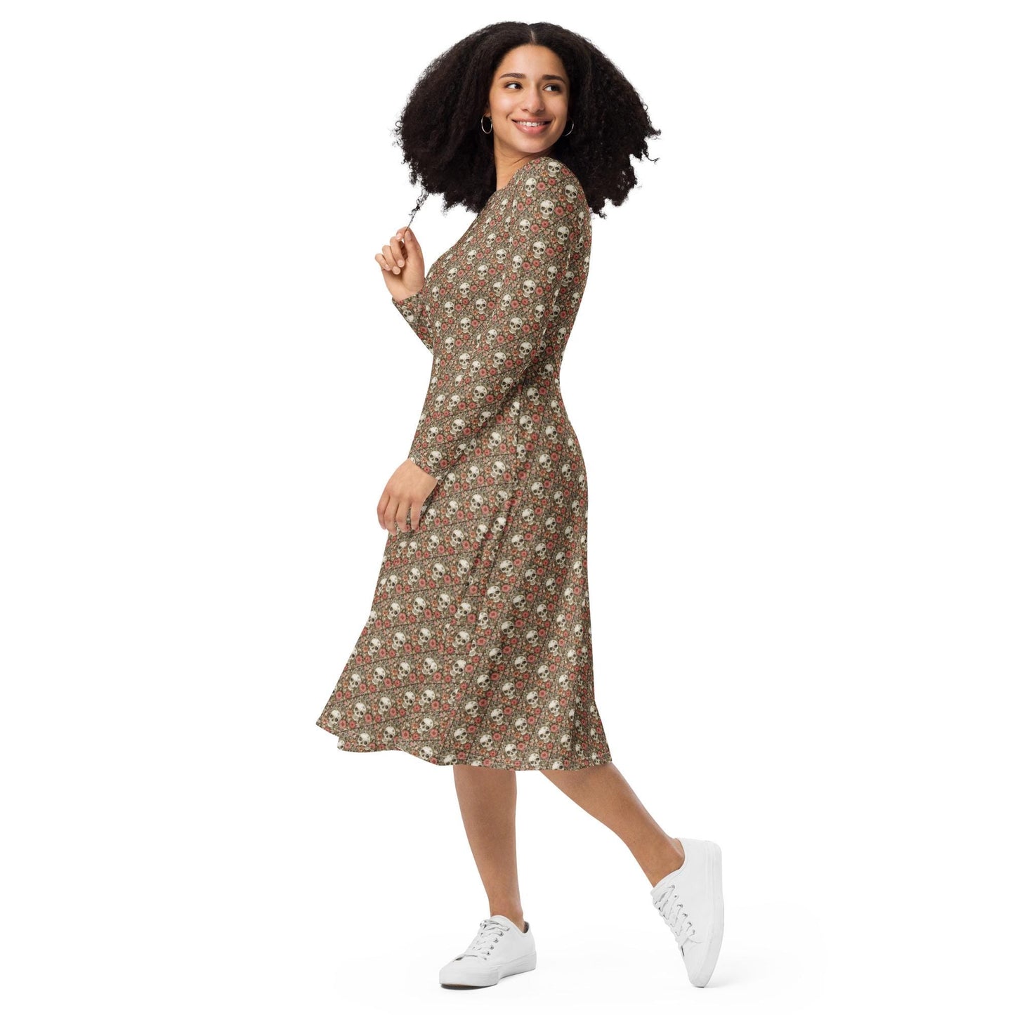 All-over print long sleeve midi dress, Sugar skull pink hue floral print pattern stylish designer versatile any occassion fitted flare wear