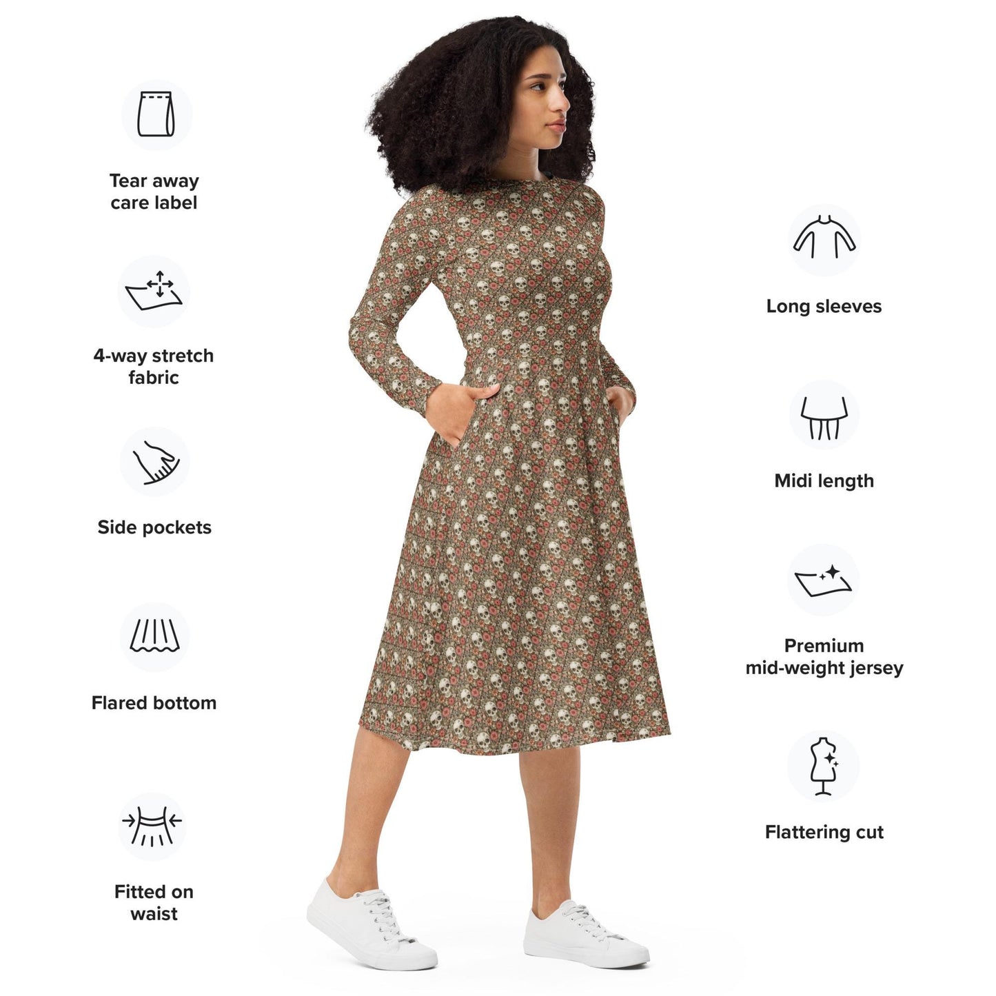 All-over print long sleeve midi dress, Sugar skull pink hue floral print pattern stylish designer versatile any occassion fitted flare wear