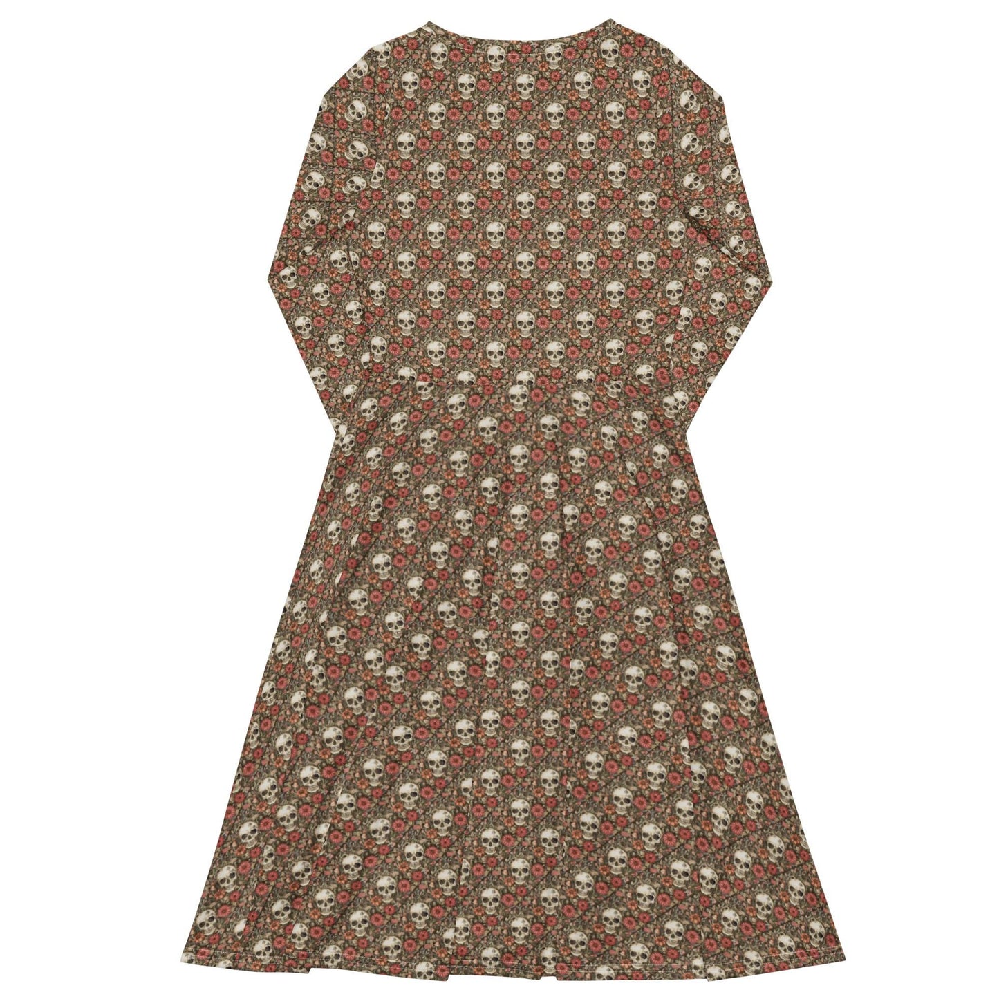 All-over print long sleeve midi dress, Sugar skull pink hue floral print pattern stylish designer versatile any occassion fitted flare wear