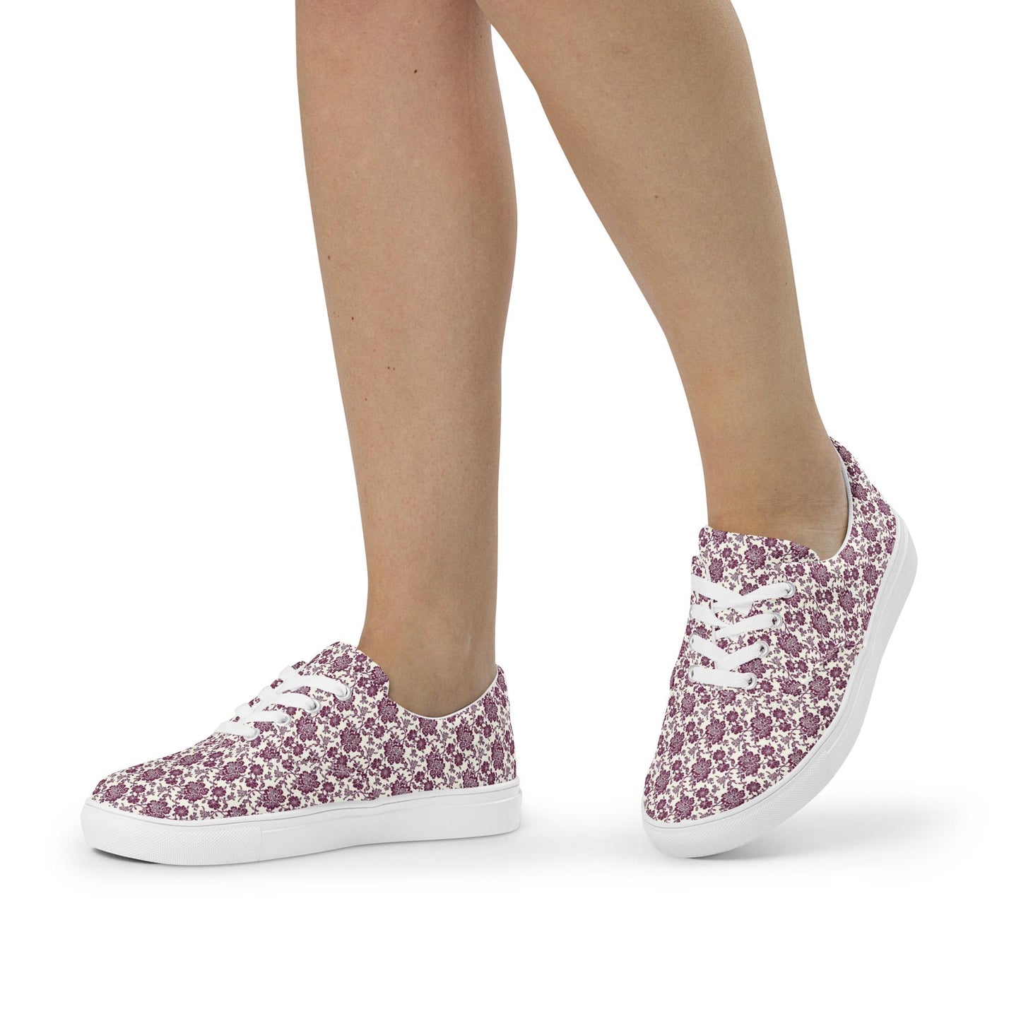 Women’s lace-up canvas shoes, burgandy floral allo over print pattern casual wlking shopping fabric tennis sneaker shoe
