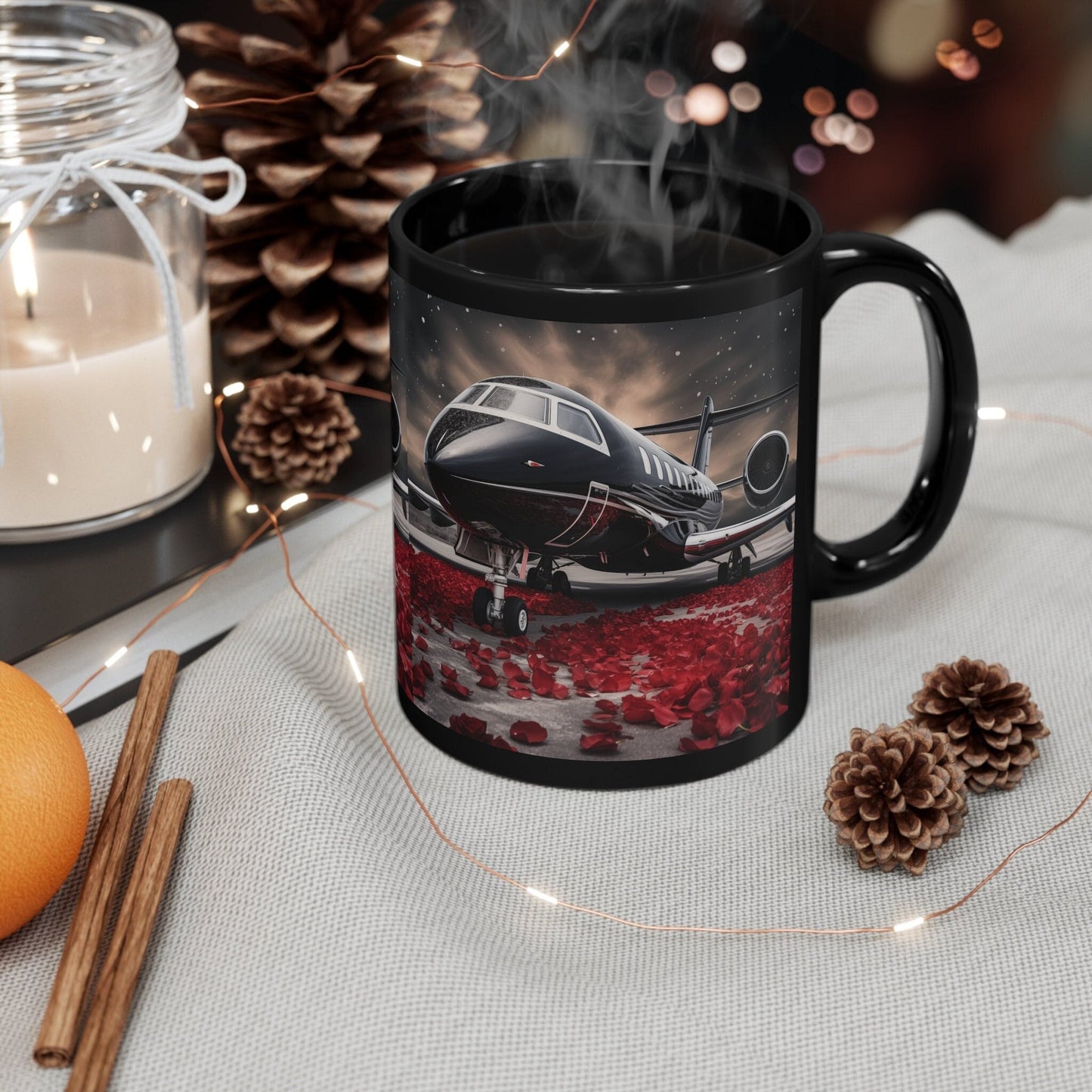 11oz Black Mug, Black Jetsetter fancy red rose petal design traveler beverage cup great for Pilot stewardess gift