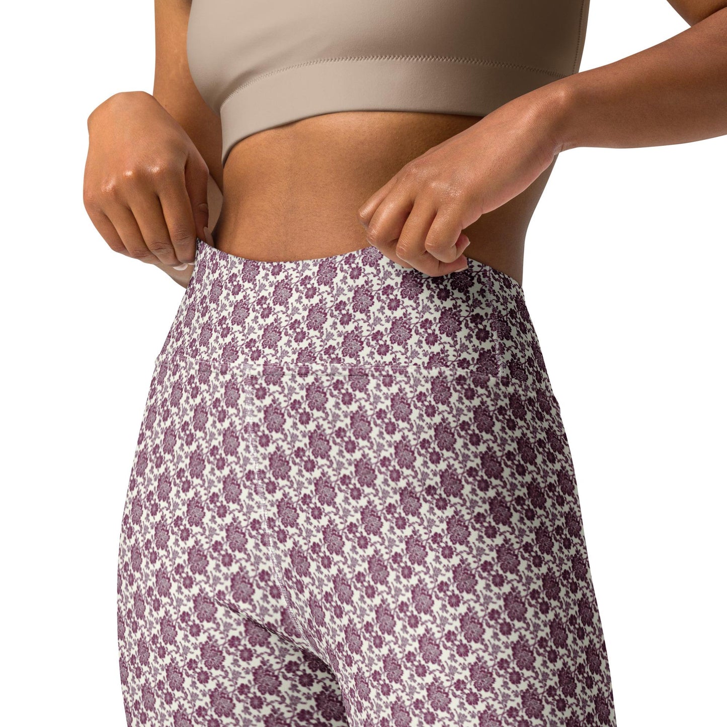Yoga Leggings, Burgandy floral all over pattern design stretchy comfy flexible workout gym casual stylish pants
