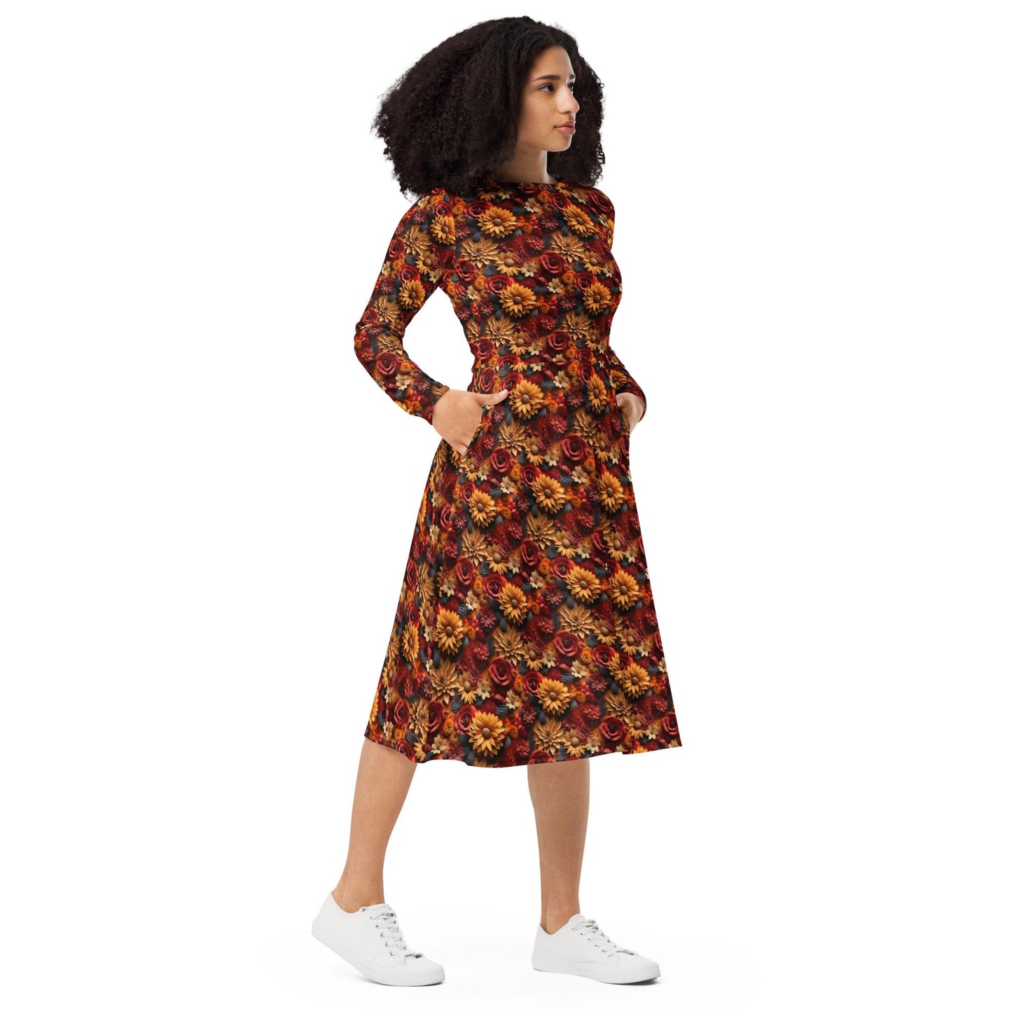 All-over print long sleeve midi dress. Autumn Fall 3D all over print pattern stylish runway high fashion holiday special floral dress