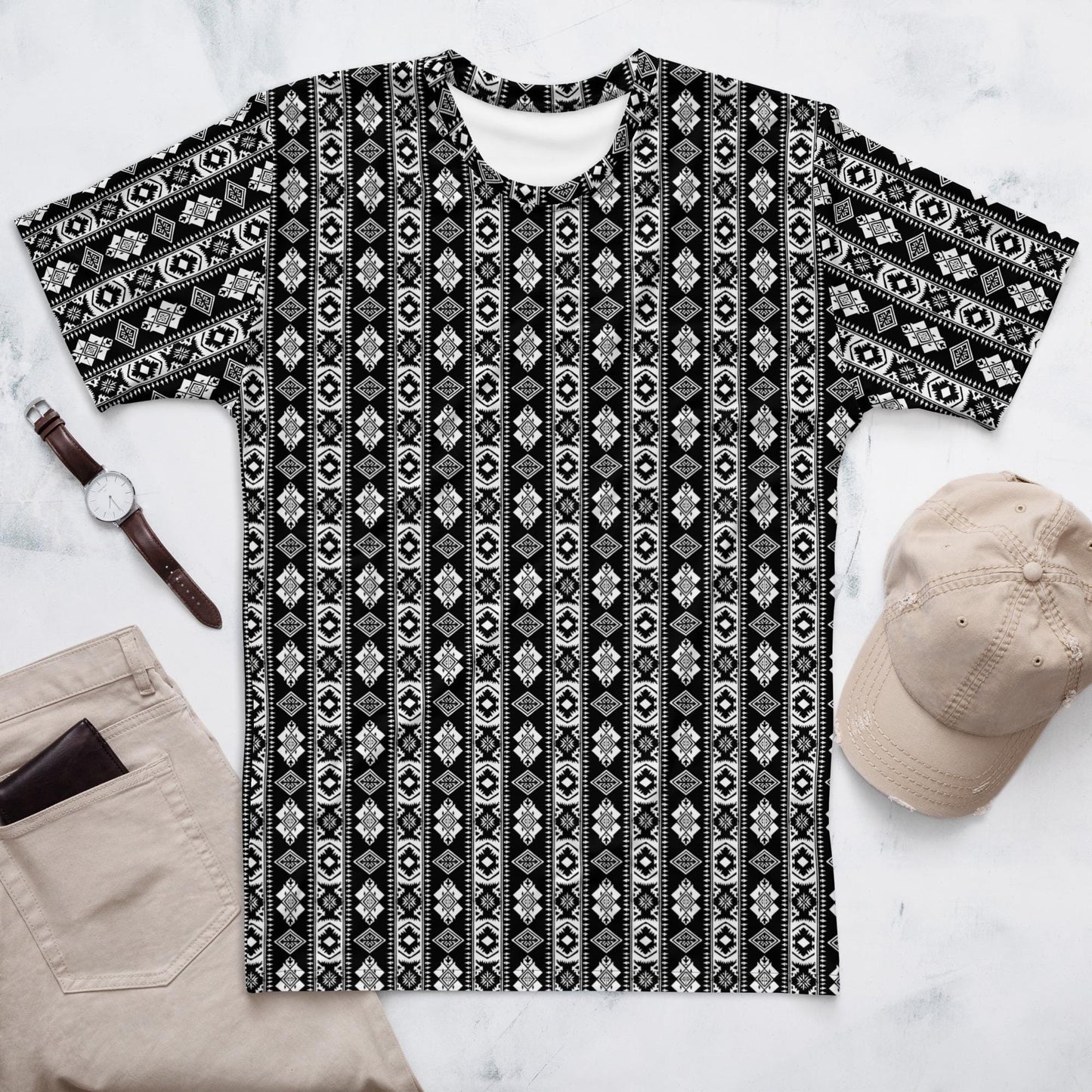 Men's t-shirt, all over print design pattern casual work school jean short sweats pairing soft stylish versatile clothing attire shirt