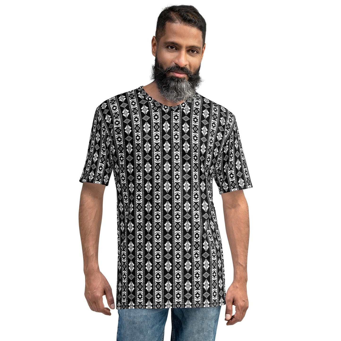 Men's t-shirt, all over print design pattern casual work school jean short sweats pairing soft stylish versatile clothing attire shirt