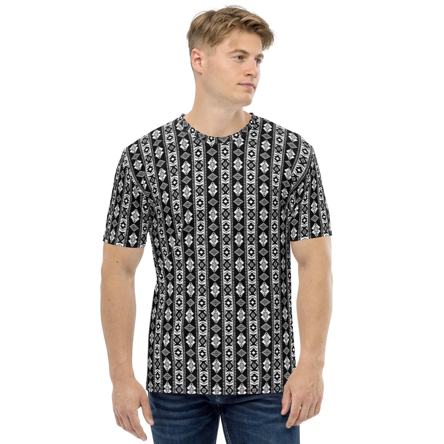 Men's t-shirt, all over print design pattern casual work school jean short sweats pairing soft stylish versatile clothing attire shirt