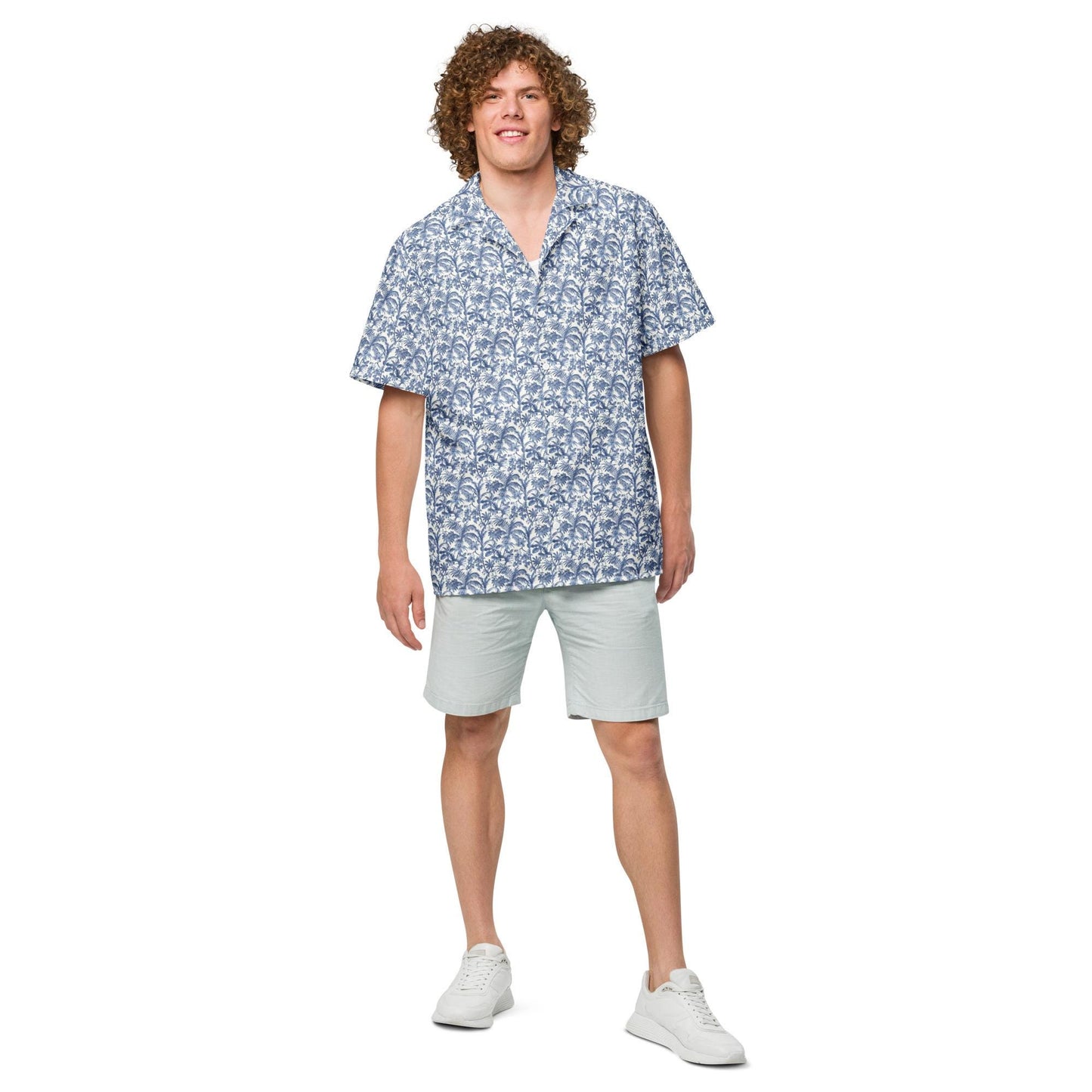 Unisex button shirt, Mens all over print pattern light airy casual everyday jean short trendy stylish youthful travel tropical style shirt