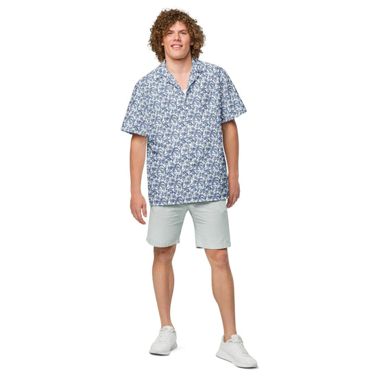 Unisex button shirt, Mens all over print pattern light airy casual everyday jean short trendy stylish youthful travel tropical style shirt