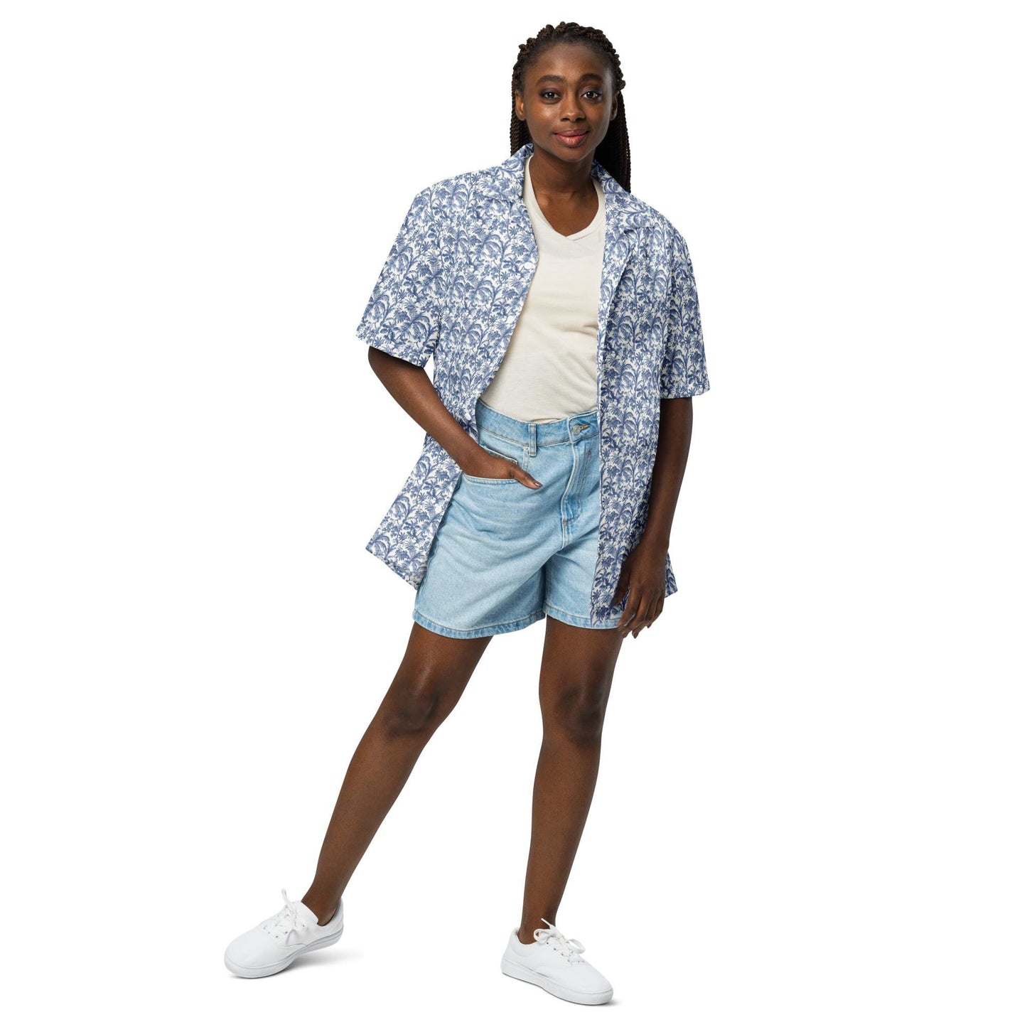 Unisex button shirt, Mens all over print pattern light airy casual everyday jean short trendy stylish youthful travel tropical style shirt