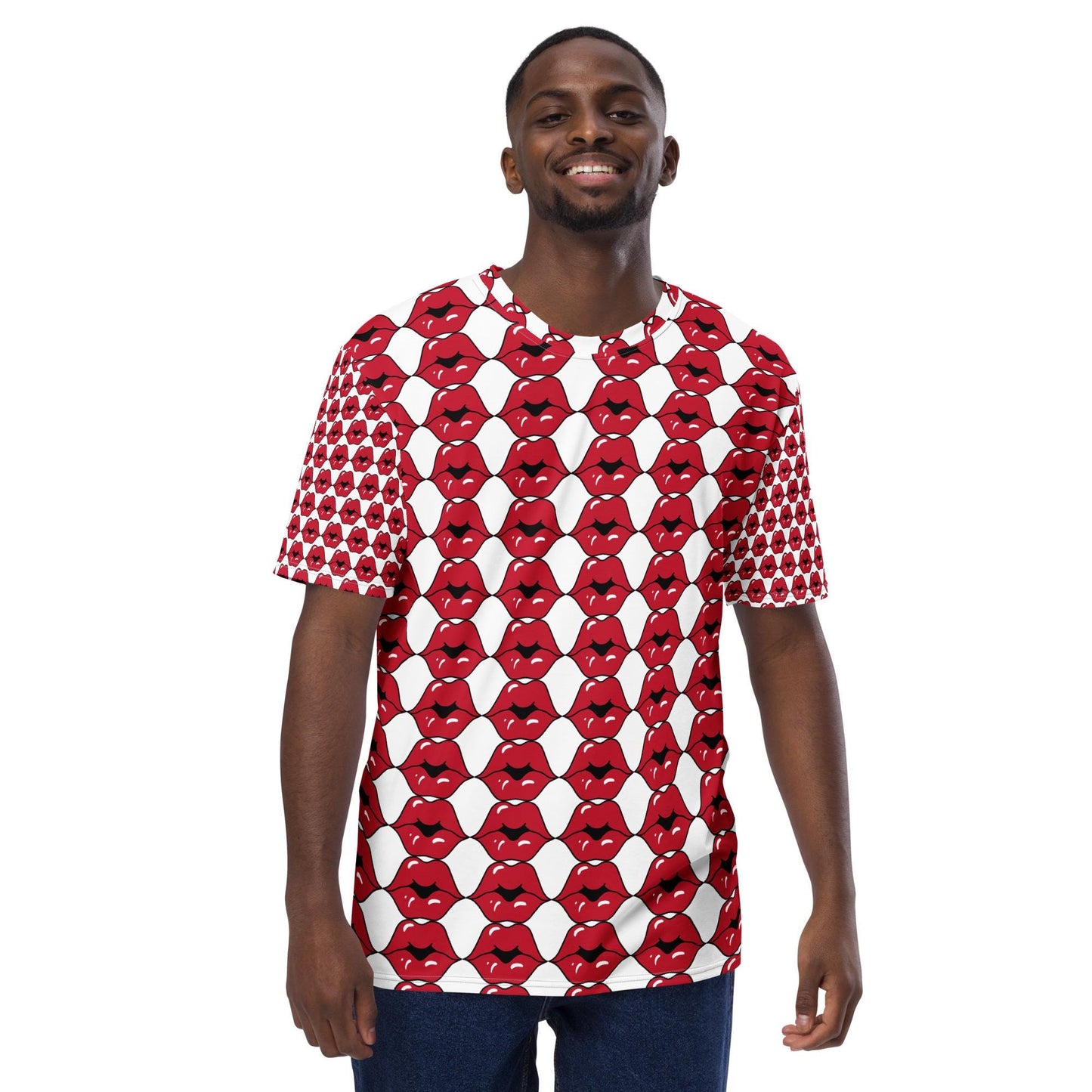 Men's t-shirt, Hot red lips all over pattern design runway fashion style casual soft to touch jean shorts joggers under blazer shirt