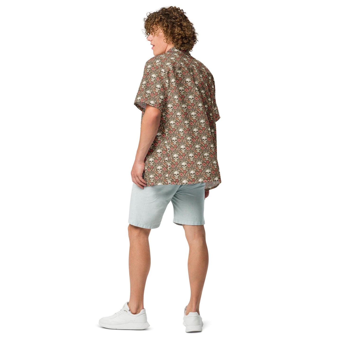 Unisex button shirt, sugar skull floral theme all over print casual light airy button up moisture wick dinner lunch beach day comfort shirt