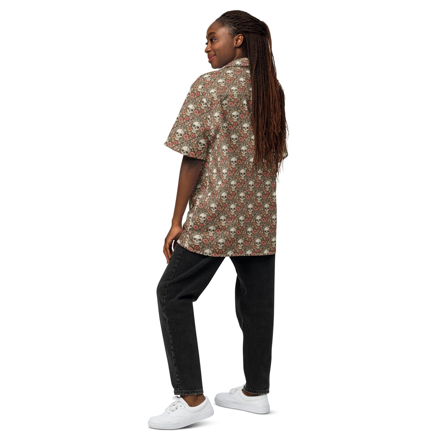 Unisex button shirt, sugar skull floral theme all over print casual light airy button up moisture wick dinner lunch beach day comfort shirt