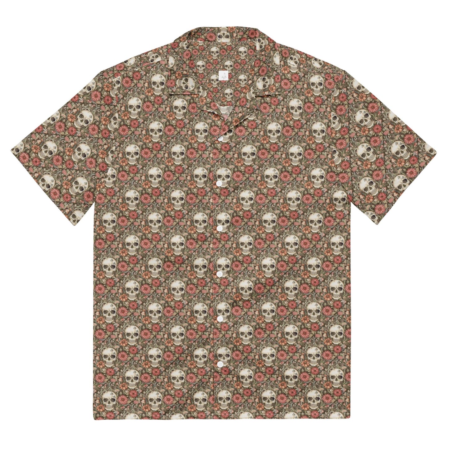 Unisex button shirt, sugar skull floral theme all over print casual light airy button up moisture wick dinner lunch beach day comfort shirt