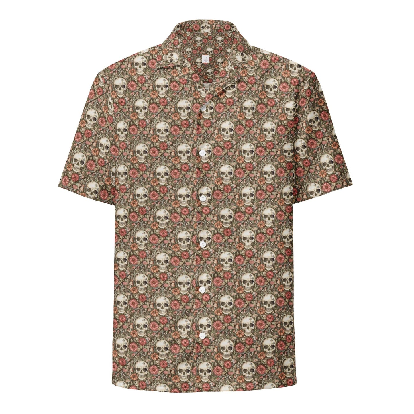 Unisex button shirt, sugar skull floral theme all over print casual light airy button up moisture wick dinner lunch beach day comfort shirt