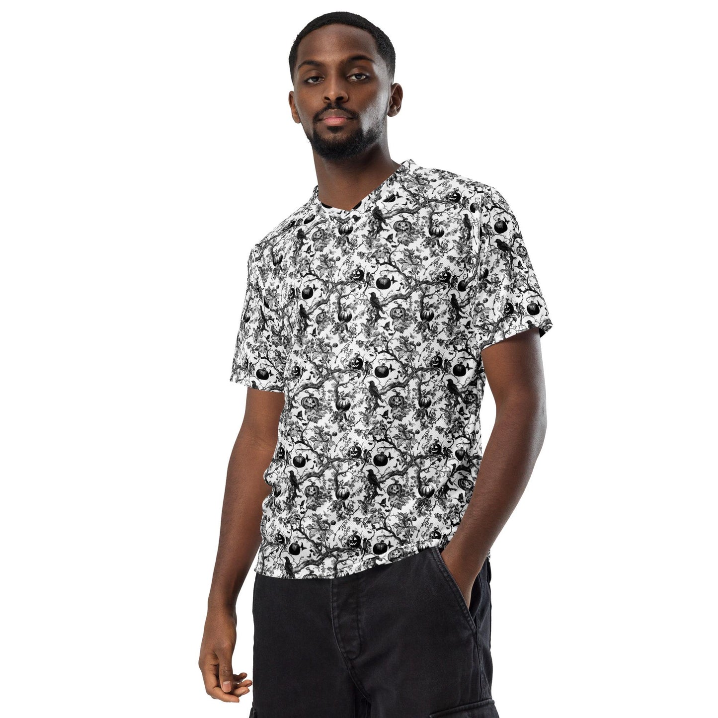 Recycled unisex sports jersey, Halloween stylish fashion cool pattern breathable v neck daily wear stretch fabric casual jean pants shirt