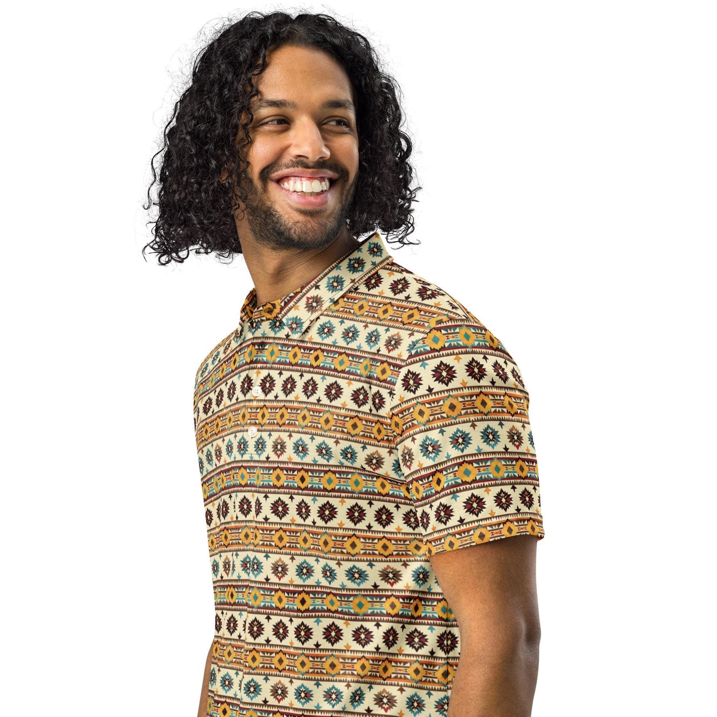 Men’s slim fit aztec western print polo casual classic work business dinner stylish fashion modern male shirt