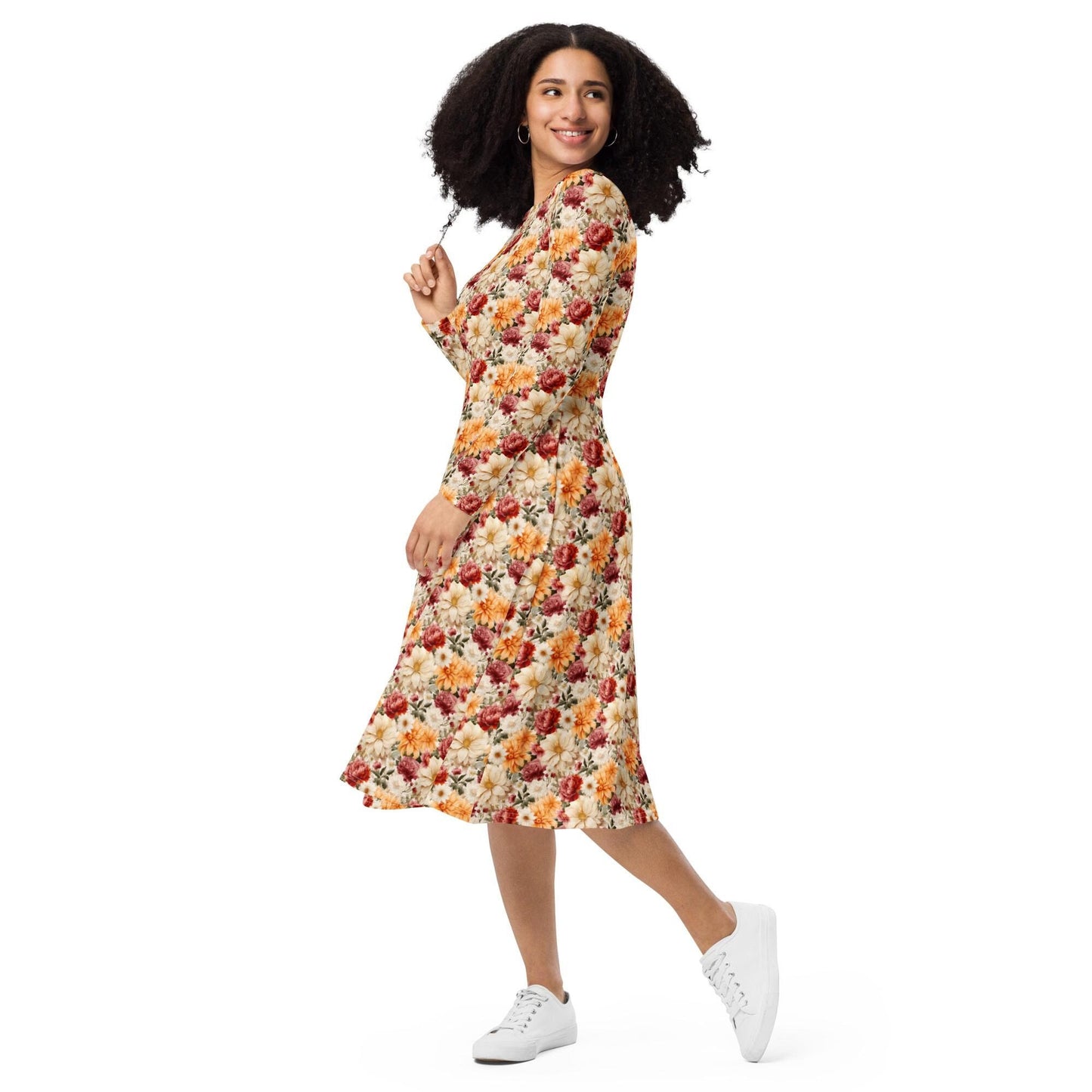 All-over print long sleeve midi dress, Bright large floral print pattern dinner date casual event classy stylish midi dress design dress