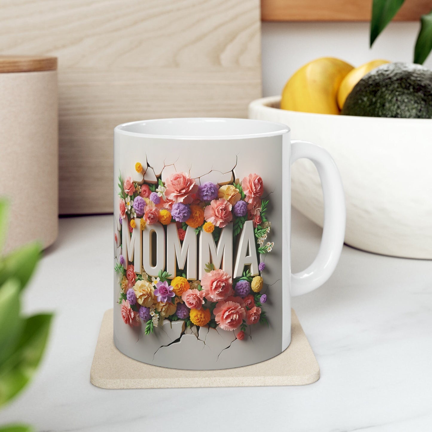 Ceramic Mug, 11oz, Love Momma 3D Love colorful floral everday modern day Mothers gift two side design beverage home office drinking cup