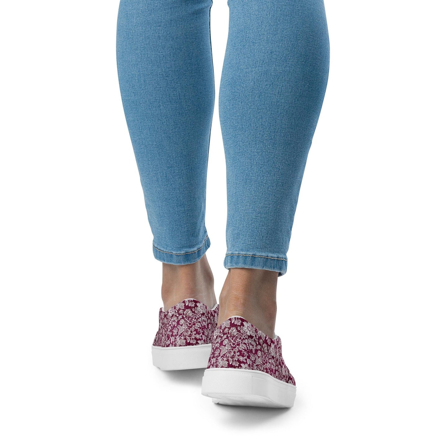 Women’s slip-on canvas shoes, Burgandy white lace canvas designer look casual cute jean skirt jogger pants slip-on rubber sole shoe