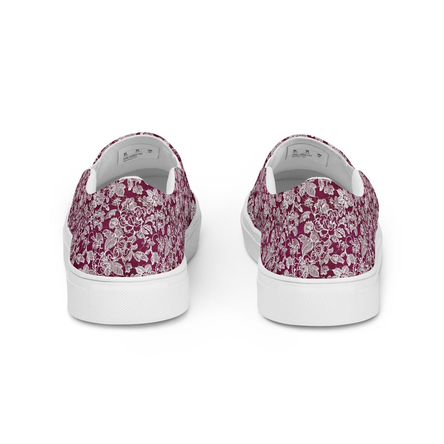 Women’s slip-on canvas shoes, Burgandy white lace canvas designer look casual cute jean skirt jogger pants slip-on rubber sole shoe