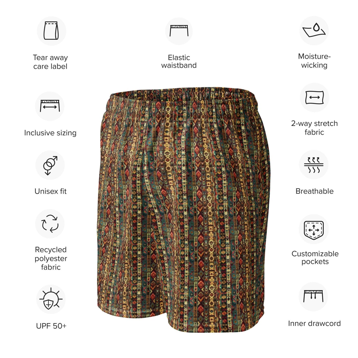Men's mesh shorts, Tribal Native all over print pattern casual sporty flexible workout shopping walking all activity stylish short pants