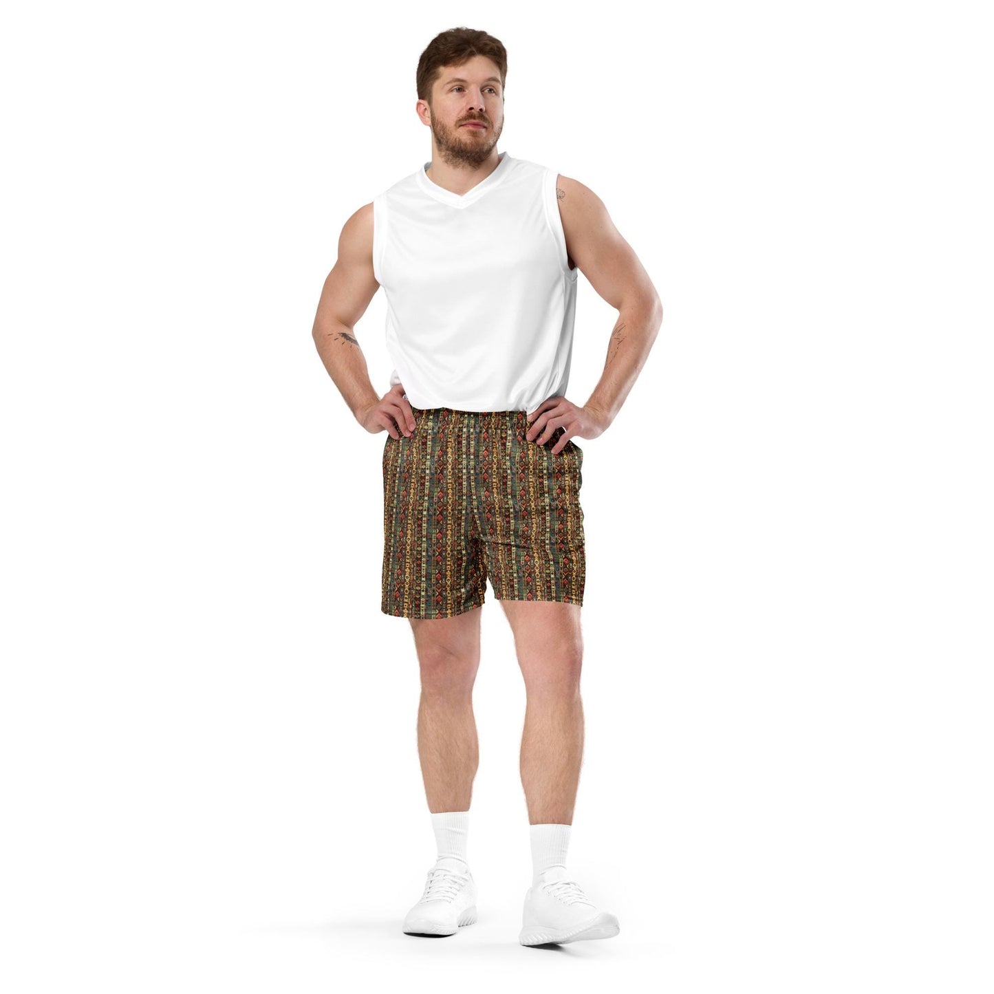 Men's mesh shorts, Tribal Native all over print pattern casual sporty flexible workout shopping walking all activity stylish short pants