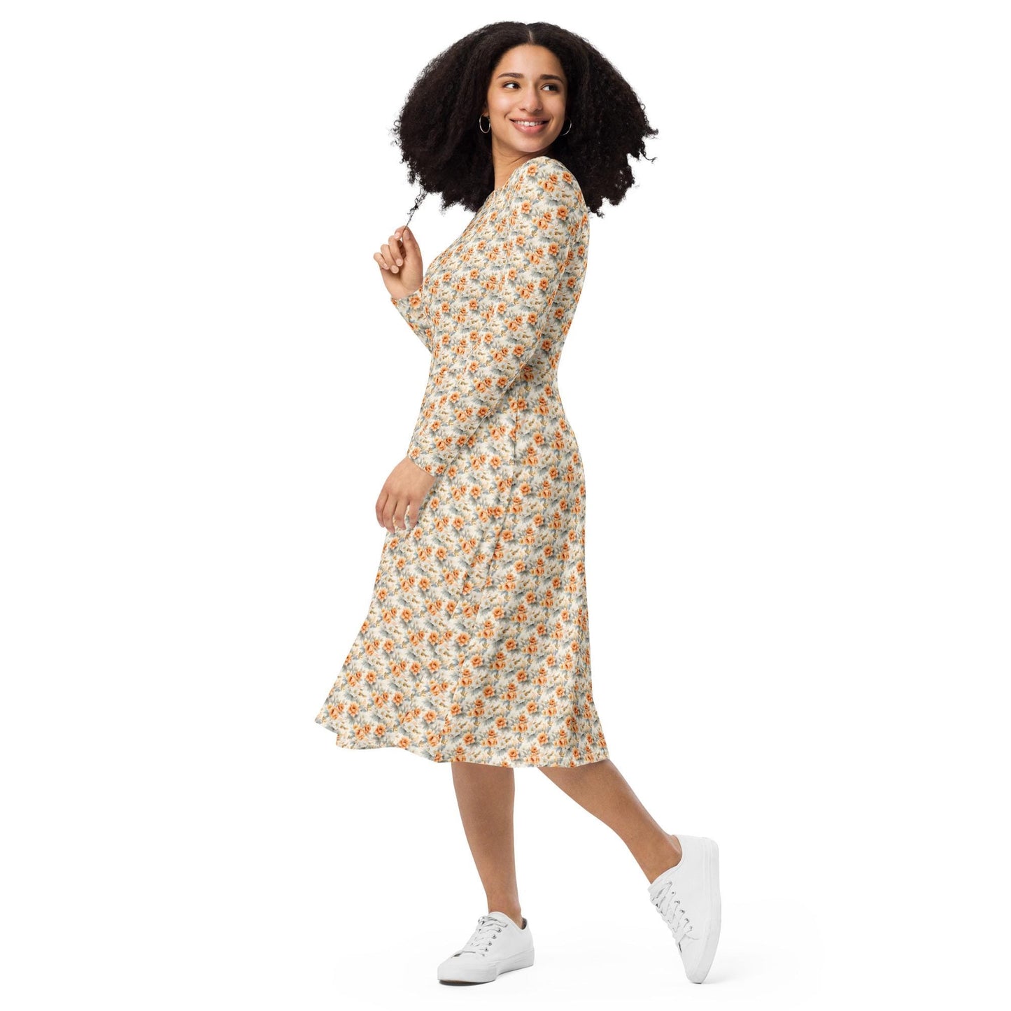 All-over print long sleeve pretty floral print pattern mididress stylish date night graduation holiday dinner below the calf length dress