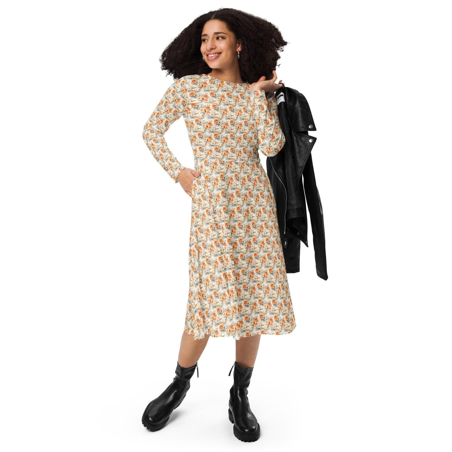All-over print long sleeve pretty floral print pattern mididress stylish date night graduation holiday dinner below the calf length dress