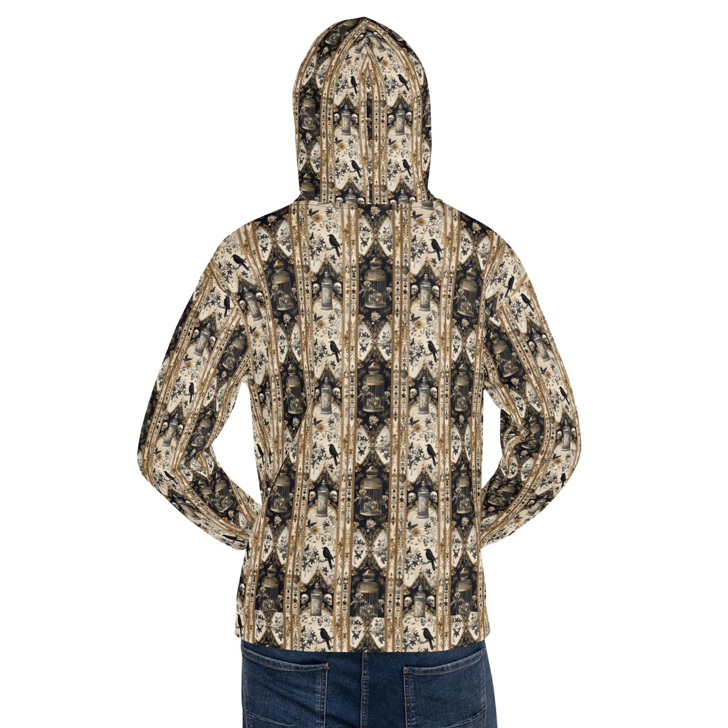Men's warm cozy gothic mystical Fall holiday theme all over pattern print casual vibrant relaxed warm hoodie sweatshirt