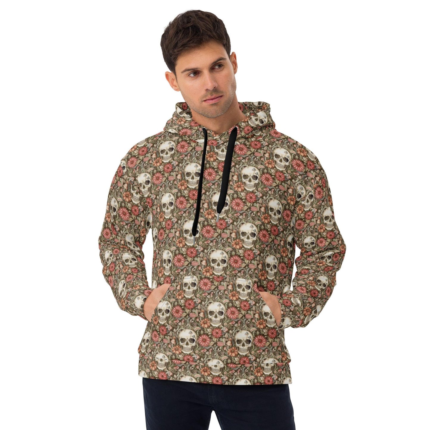 Men's Hoodie gothic floral sugar skull pattern holiday theme casual sporty warm fleece soft stylish sweater great gift for him