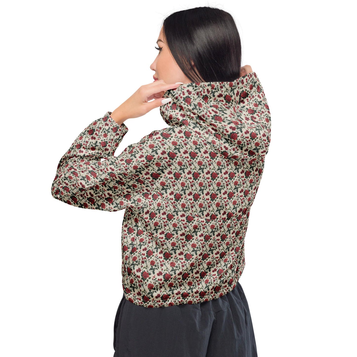 Women’s cropped windbreaker red roses all over print sylish everyday versatile teen adult fashionista clothing all occasion sporty wear