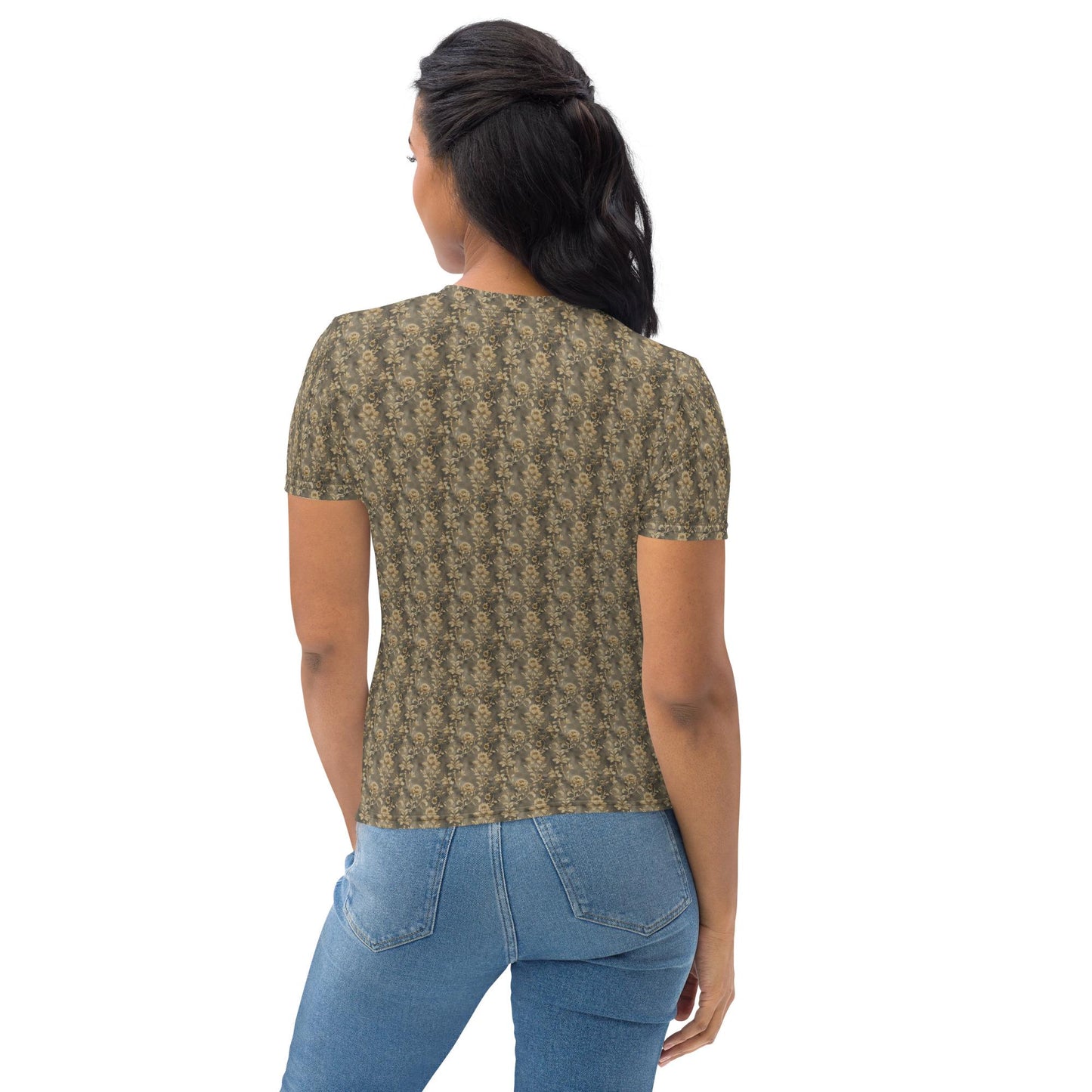 Women's gold rose pattern T-shirt all over design smooth soft casual everyday dinner lunch jean skirt shorts travel washable Tee