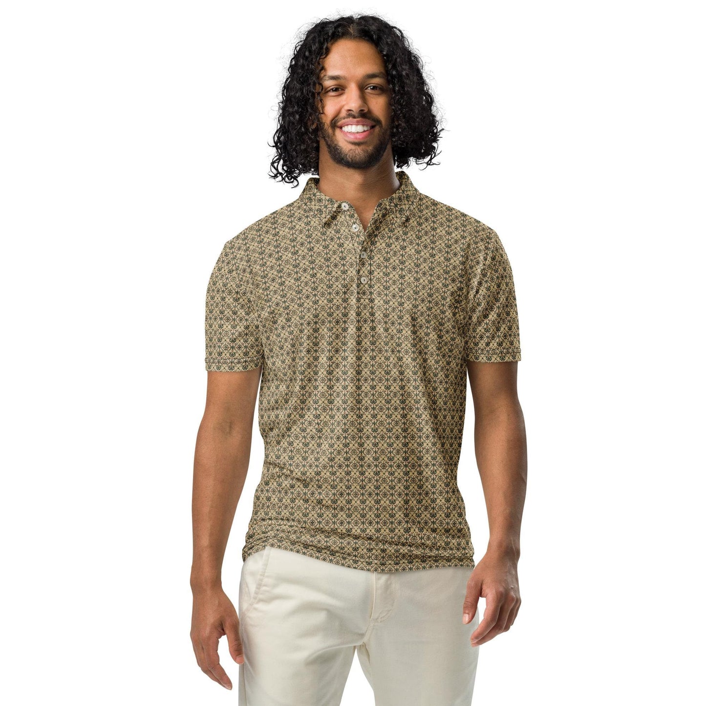 Men’s slim fit pattern print polo stylish dinner lunch meeting casual mixer event jean slacks versatile clothing wear pattern design shirt