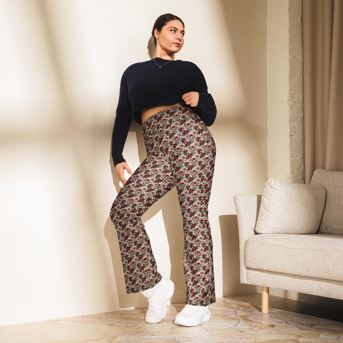 Flared red roses stylish leggings casual high waist butt enhancing flared bottoms versatile walking workout crop pairing strecth pants