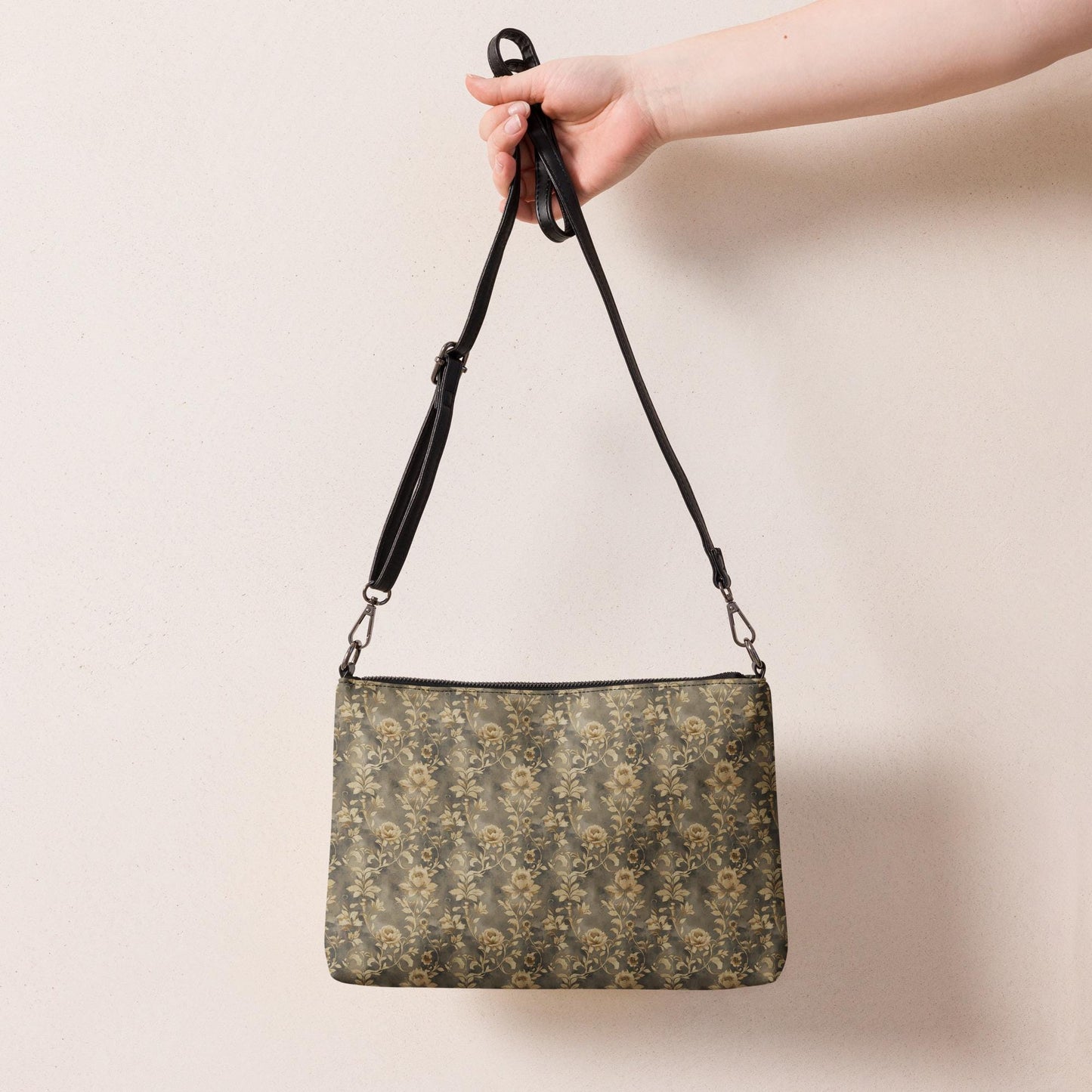 Gold rose pattern Crossbody bag stylish all over print hand carry shoulder strap design casual dressy day evening versatile attire purse
