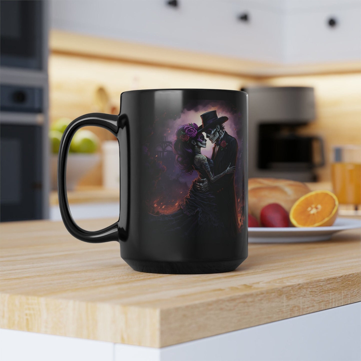 Day of the dead Black large Mug 15oz, Dia de Los Muertos Halloween colorful tradition Mexican art coffee tea apple cider mug