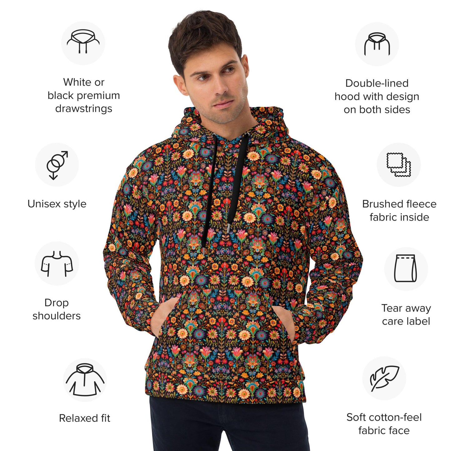 Men's vibrant colorful all over print design casual warm cozy cuddle up weather school work outside clothing wear hoodie sweatshirt