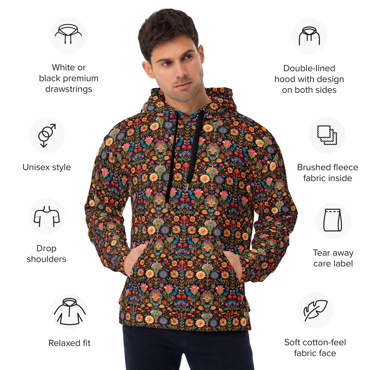Men's vibrant colorful all over print design casual warm cozy cuddle up weather school work outside clothing wear hoodie sweatshirt