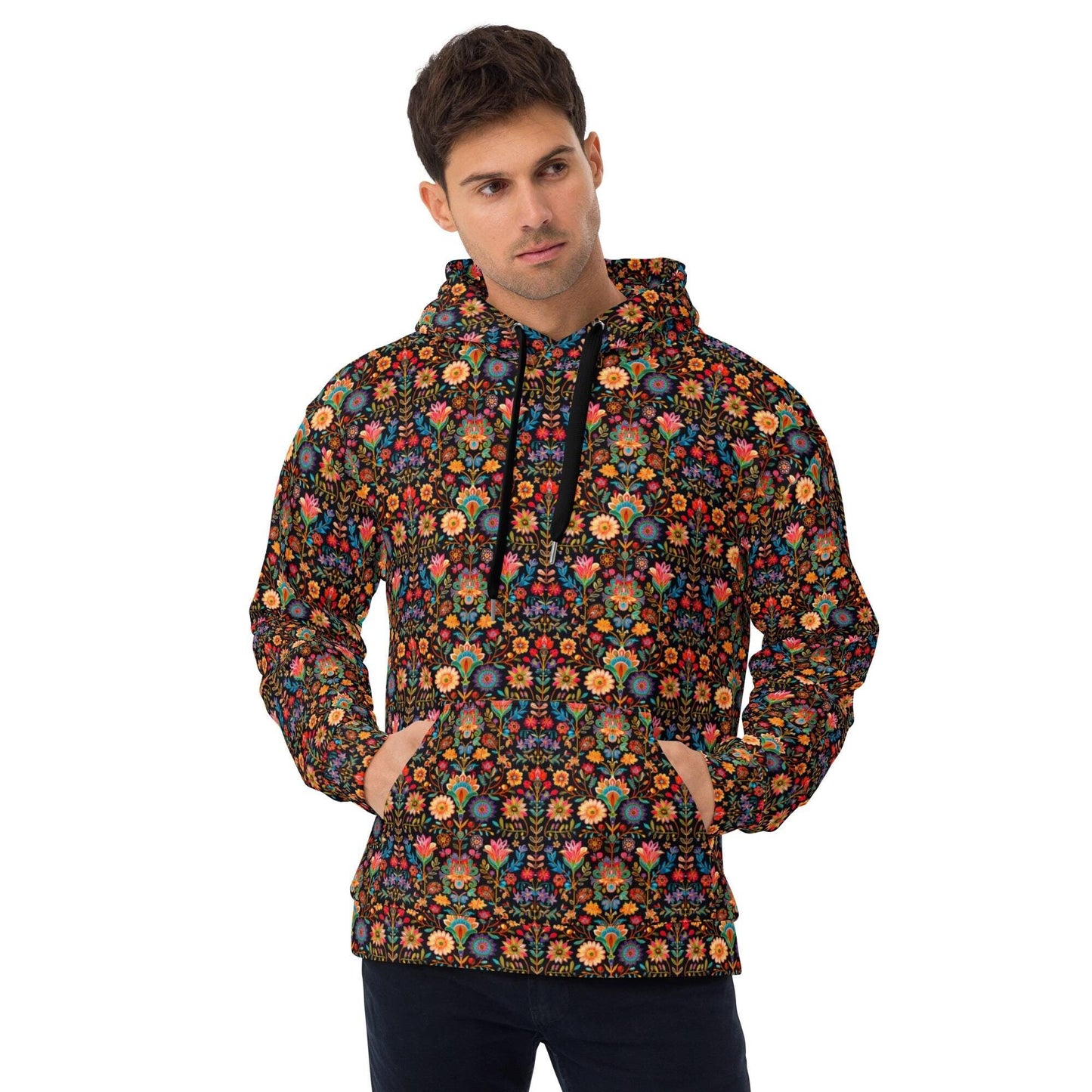 Men's vibrant colorful all over print design casual warm cozy cuddle up weather school work outside clothing wear hoodie sweatshirt