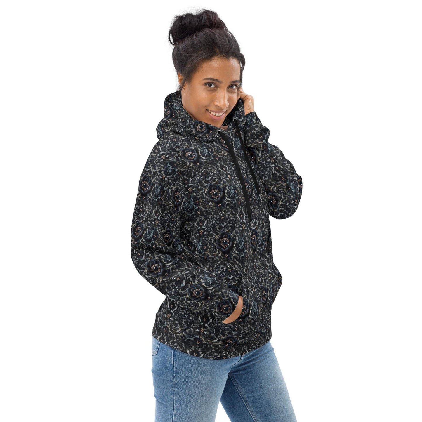 Female black floral lace all over pattern comfy casual soft school work travel jeans winter holiday hoodie sweatshirt great gift