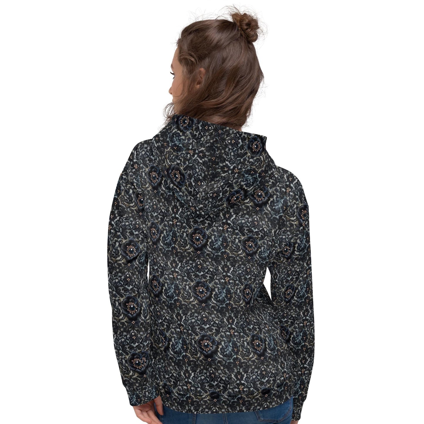Female black floral lace all over pattern comfy casual soft school work travel jeans winter holiday hoodie sweatshirt great gift