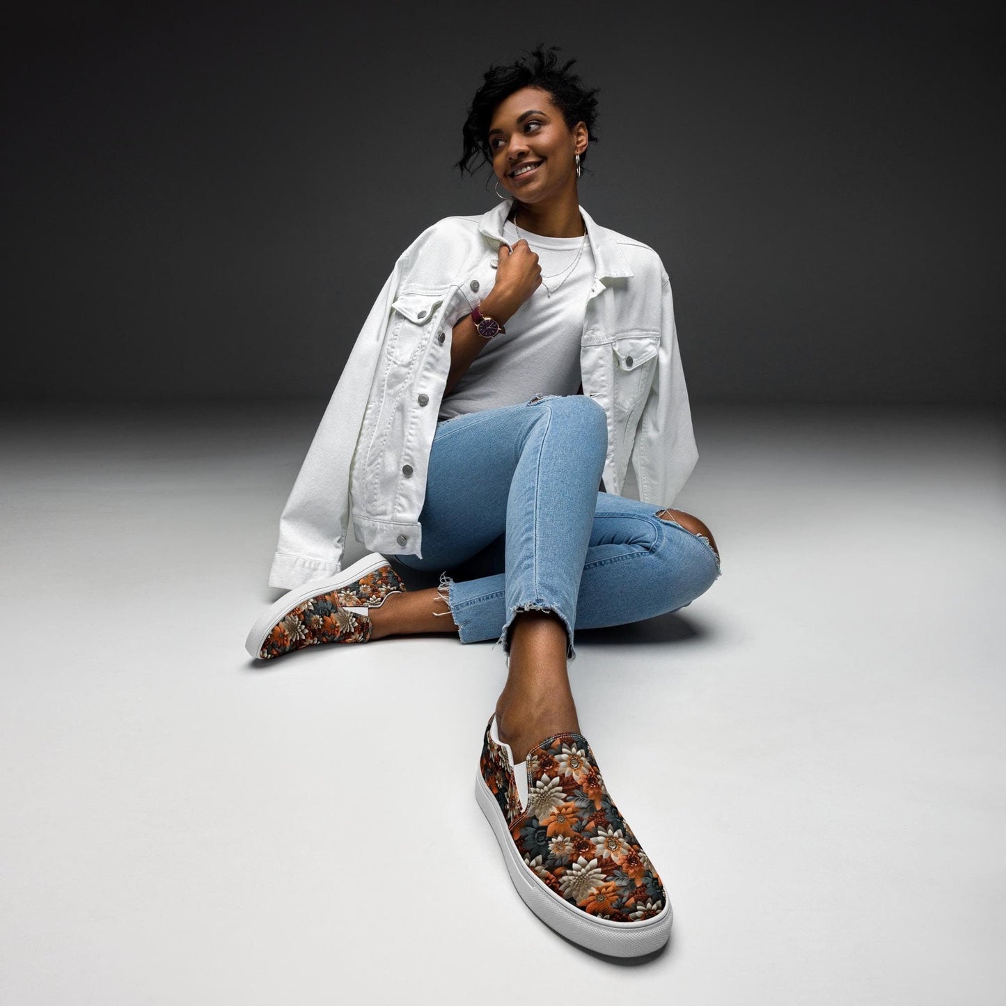 Women’s slip-on canvas shoes, Fall leaves floral all over pattern print design casual everyday walking working school fashion shoe wear