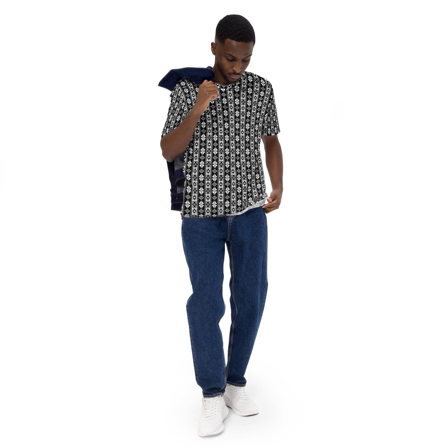 Men's t-shirt, all over print design pattern casual work school jean short sweats pairing soft stylish versatile clothing attire shirt