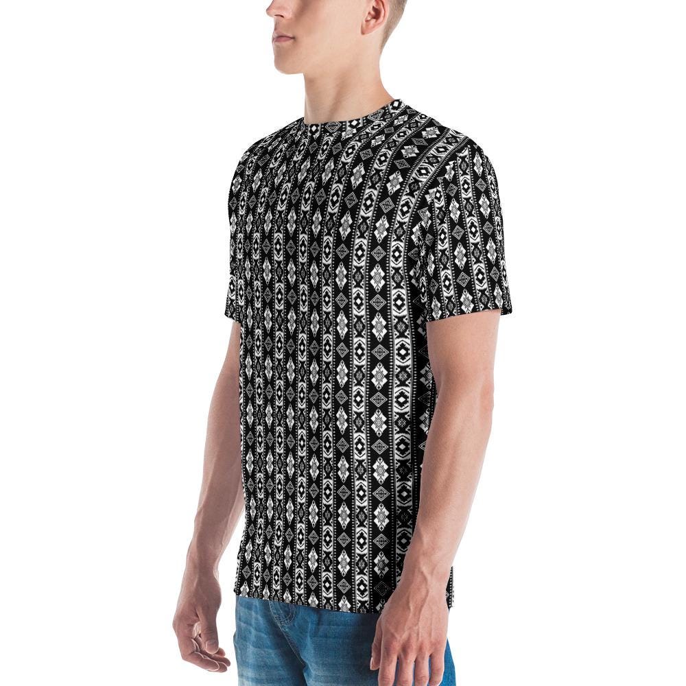 Men's t-shirt, all over print design pattern casual work school jean short sweats pairing soft stylish versatile clothing attire shirt