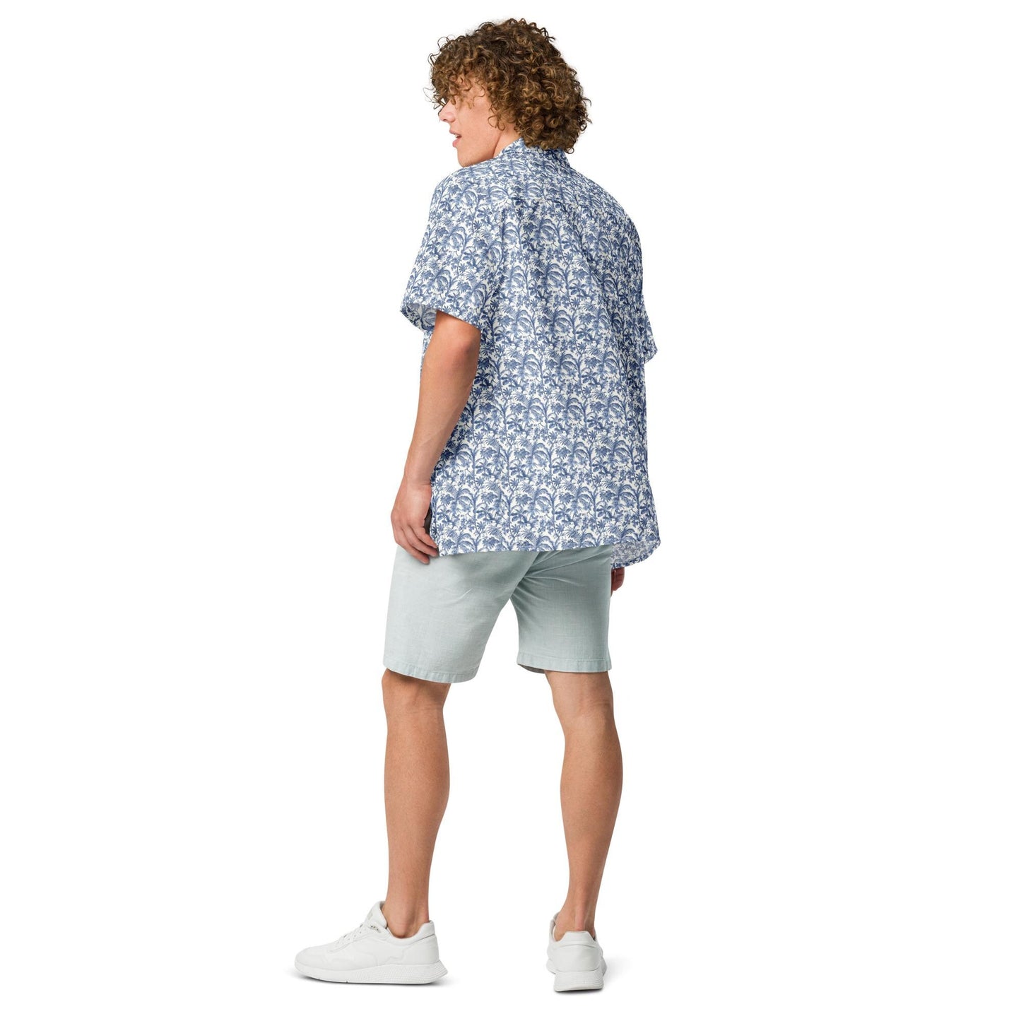 Unisex button shirt, Mens all over print pattern light airy casual everyday jean short trendy stylish youthful travel tropical style shirt