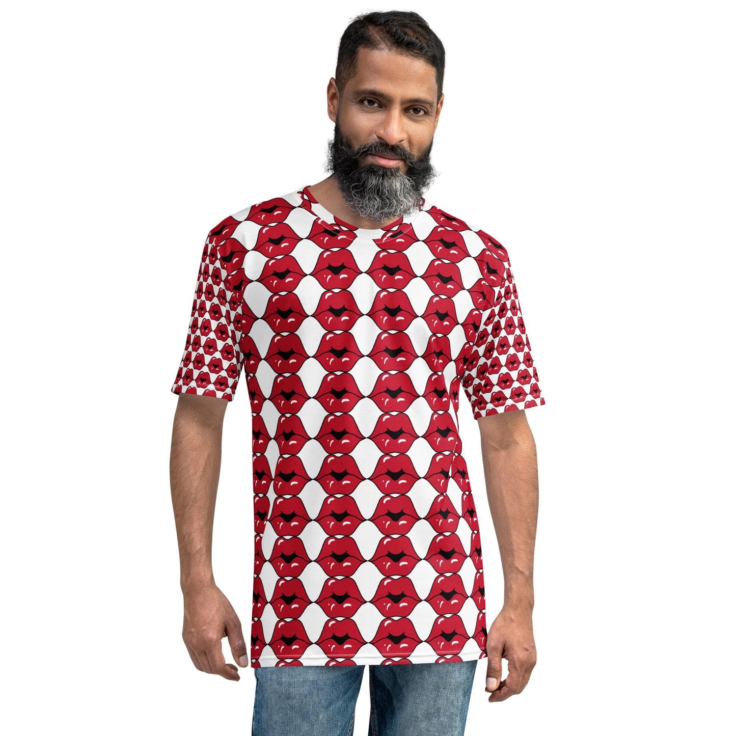 Men's t-shirt, Hot red lips all over pattern design runway fashion style casual soft to touch jean shorts joggers under blazer shirt