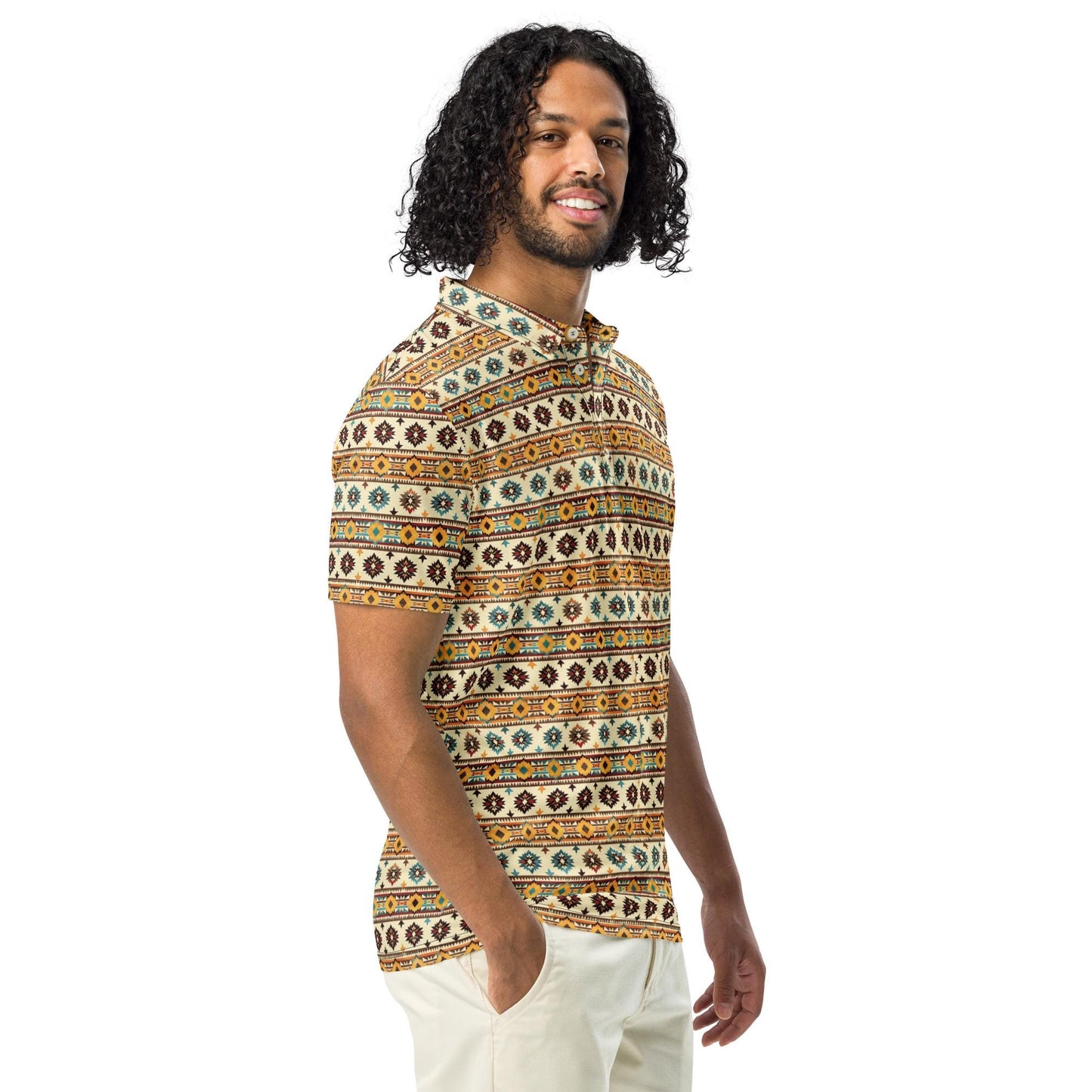 Men’s slim fit aztec western print polo casual classic work business dinner stylish fashion modern male shirt