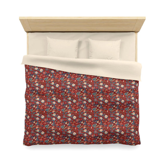 Red Floral Microfiber Duvet Cover - Modern Soft Bedspread, Holiday Fashion Designer Bedding, Stylish Contemporary Casual Decor